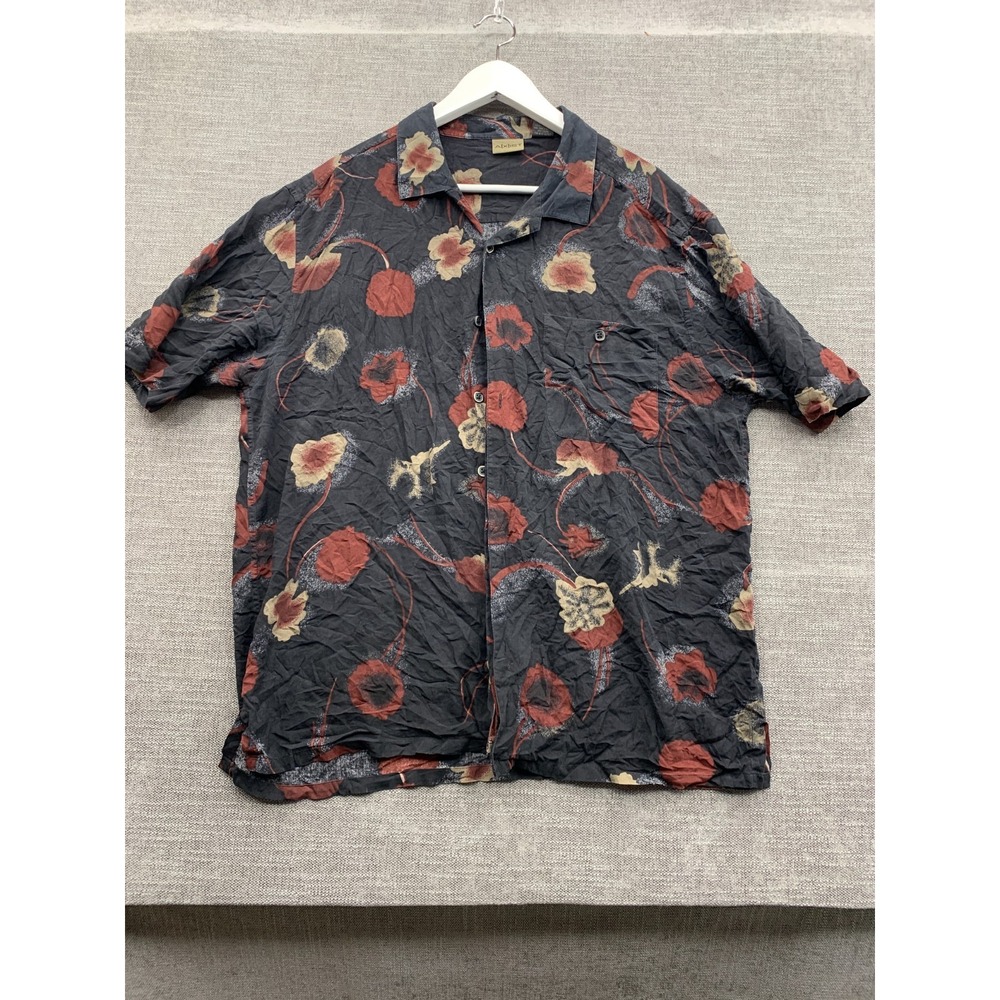 Axist Hawaiian Shirt Mens Large Black Multi Floral Print Silk Button Up Beach